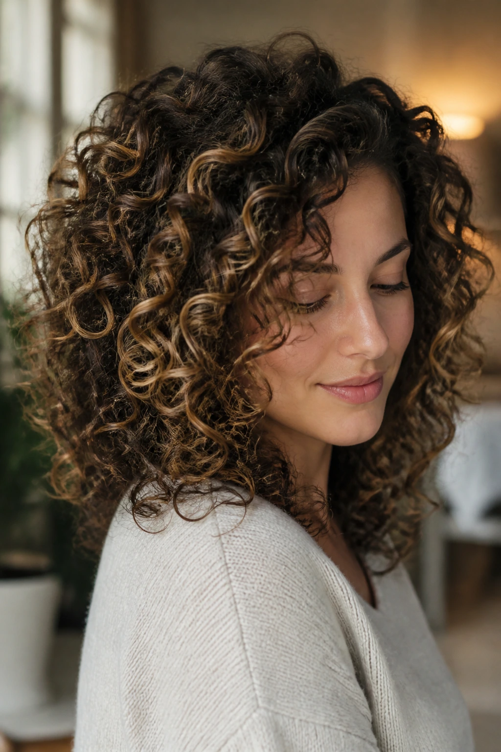 Close-up of curly hair with lowlights adding depth and texture