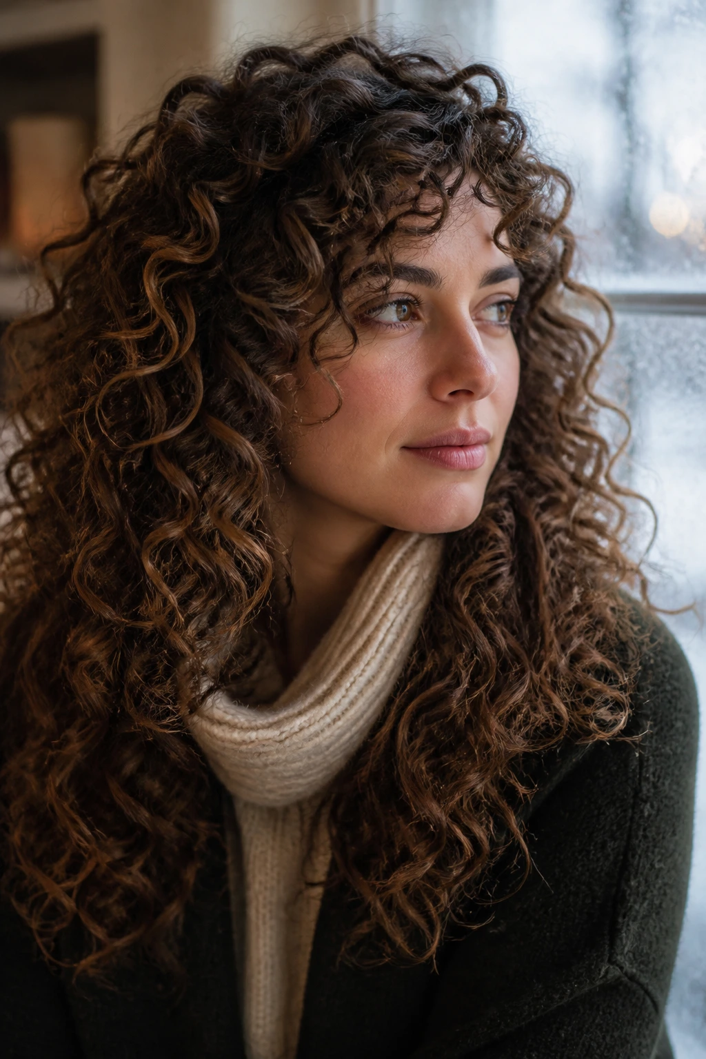 Close-up of curly hair with deep lowlights showing texture in winter light