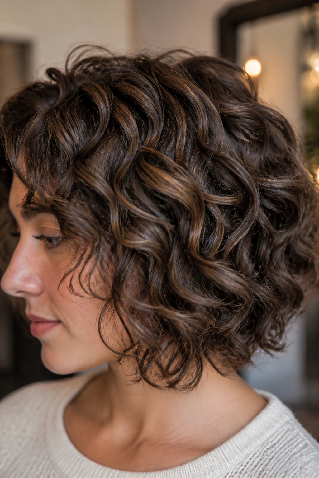 Real person with curly bob showing depth from lowlights