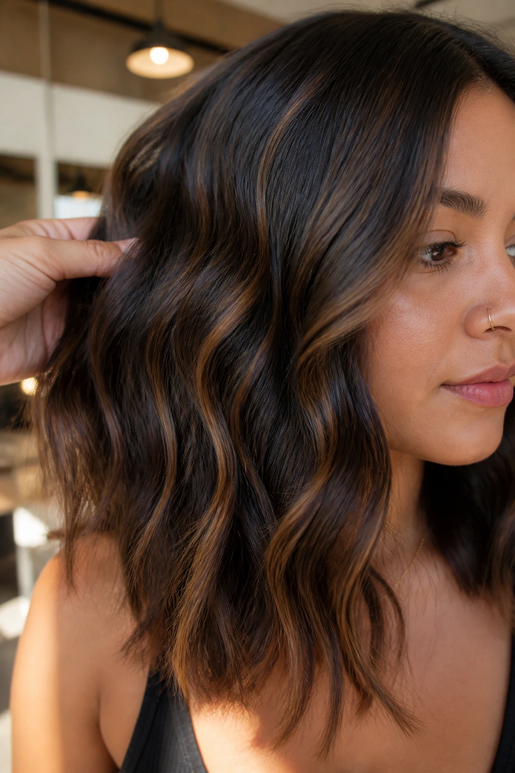 Close-up of hair with black lowlights in warm brunette waves on medium skin
