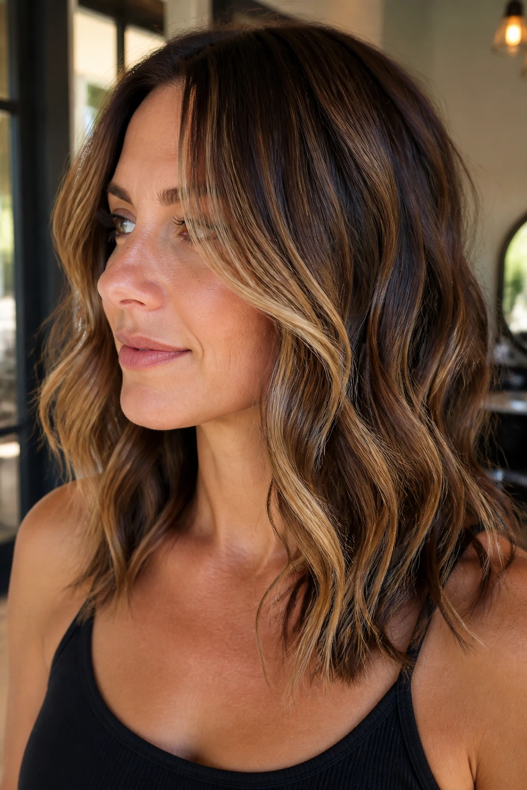 Close-up portrait of a real woman with brunette waves showing latte lowlights and blonde threads