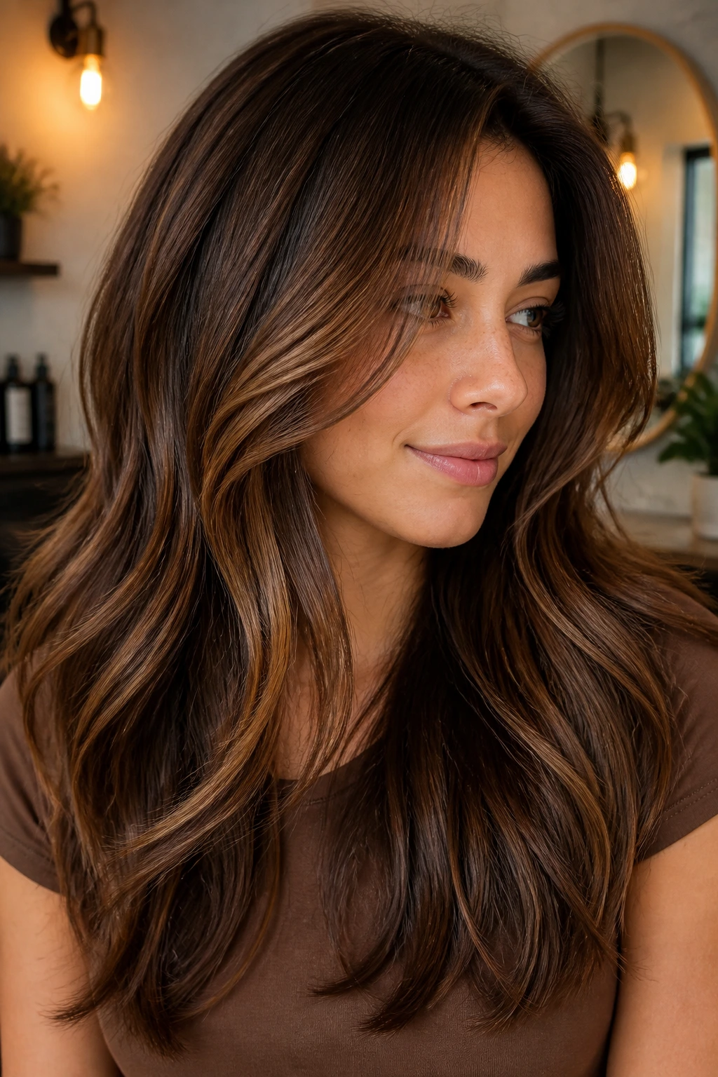 Close-up of a real woman with maple brown hair and subtle internal lowlights