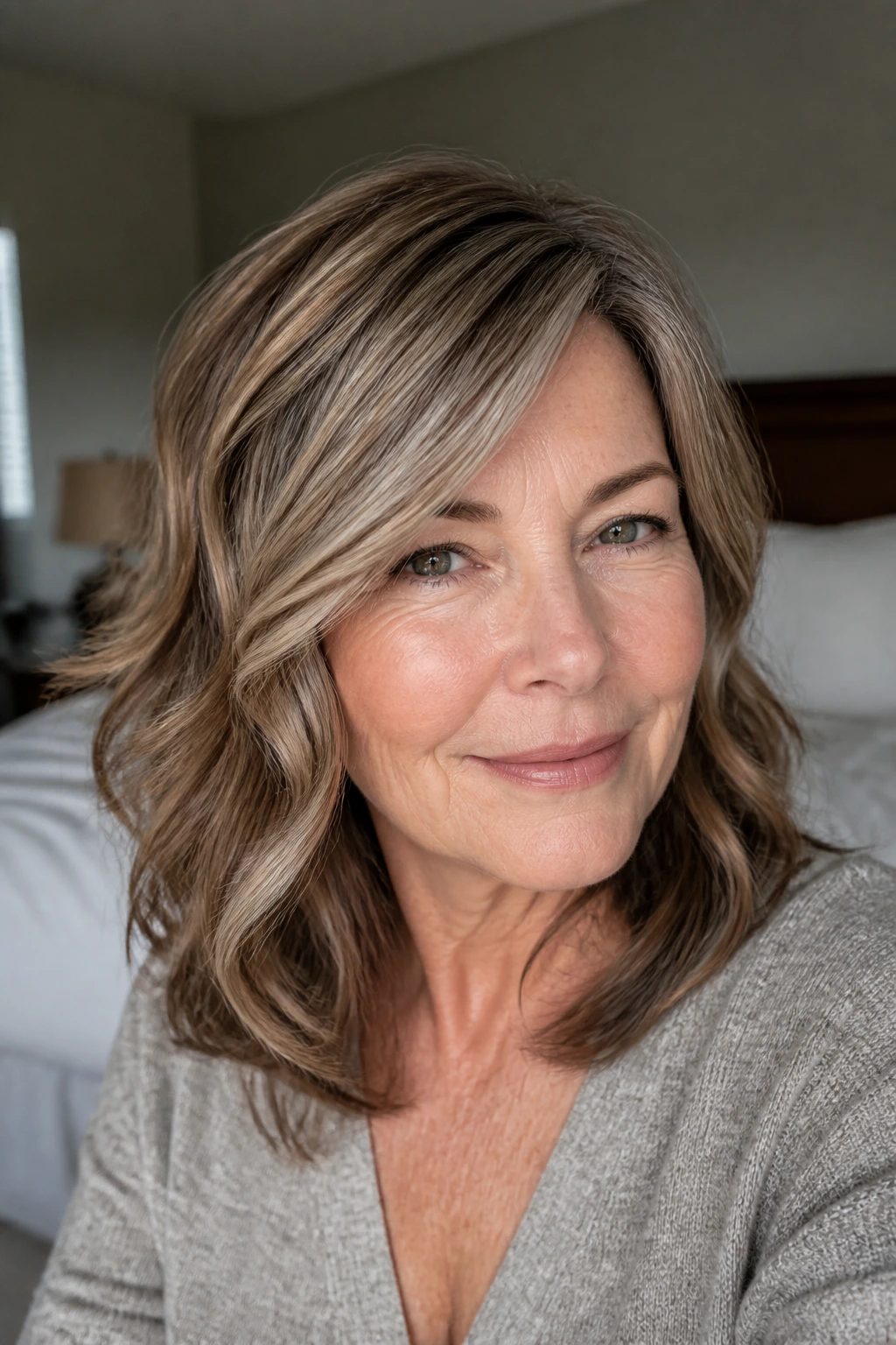 Close-up portrait of a real woman with subtle lowlights in fine wavy hair