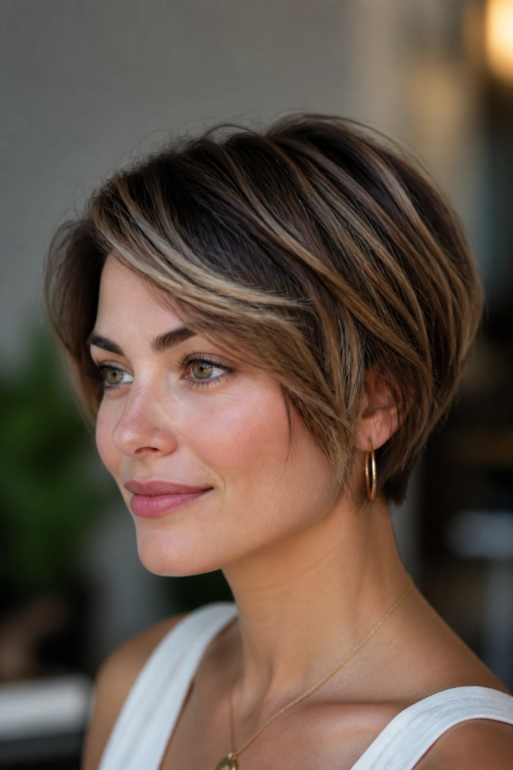 Real woman with short hairstyle showing subtle lowlights and depth.