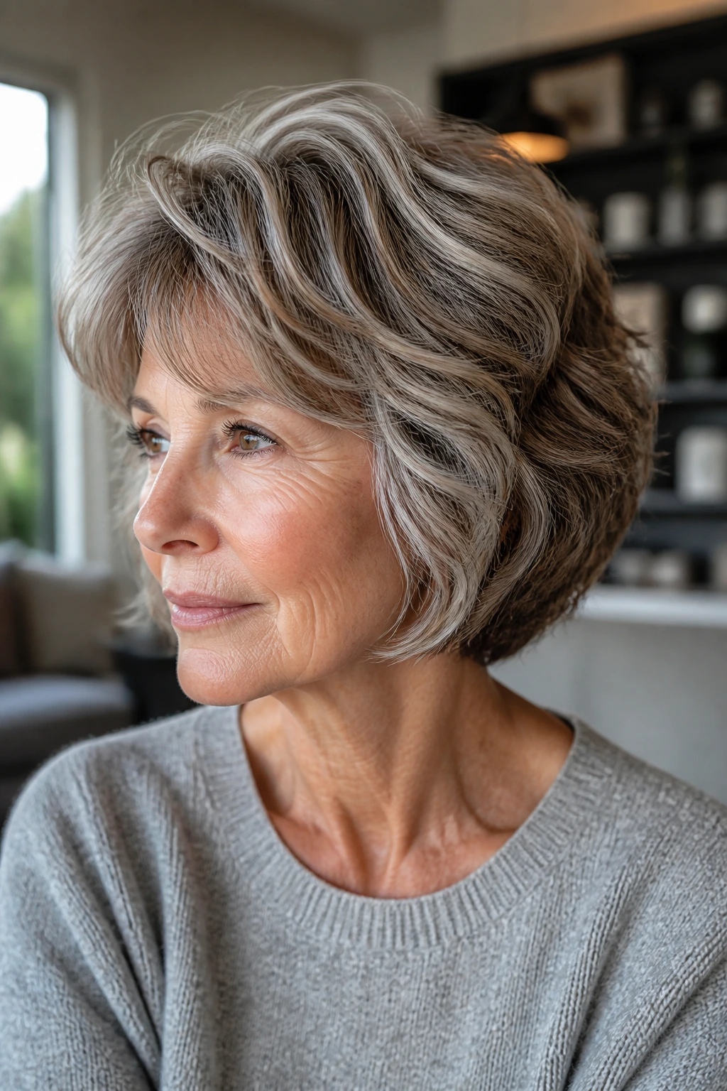 Portrait of a woman with layered hair and visible lowlights from crown to cheeks