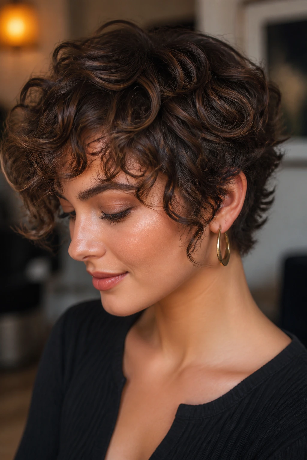 Close-up of short curly hair with depth from lowlights on a real person