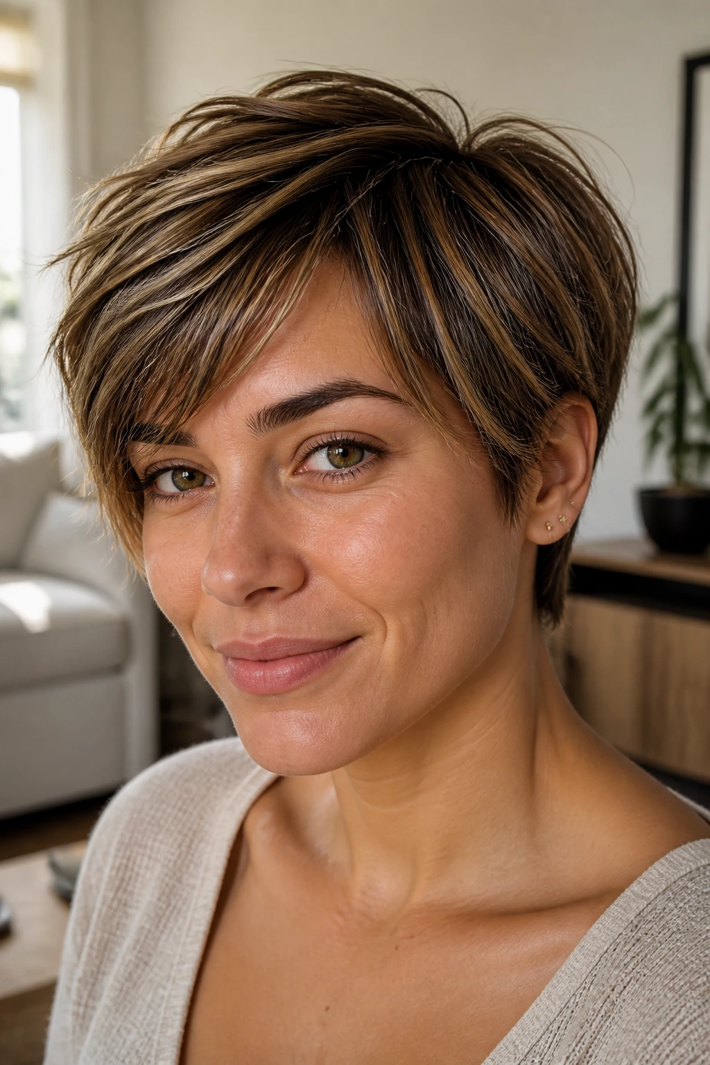 Close-up of a person with short hair and subtle lowlights highlighting depth.