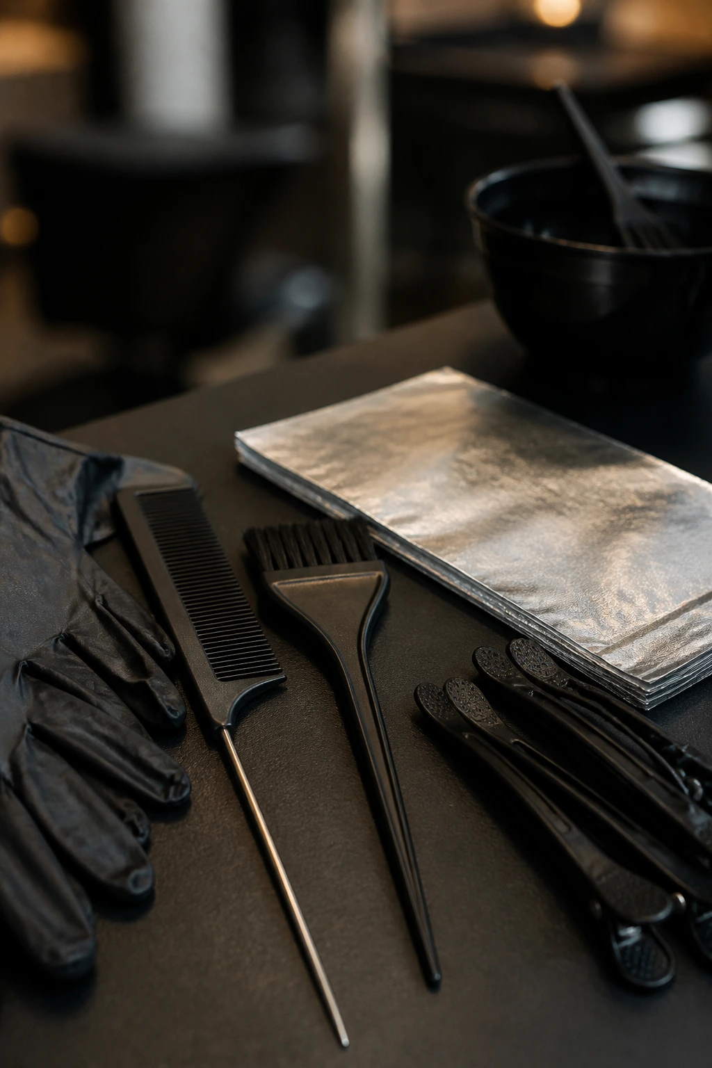 Close-up of essential lowlights tools arranged on a dark salon surface