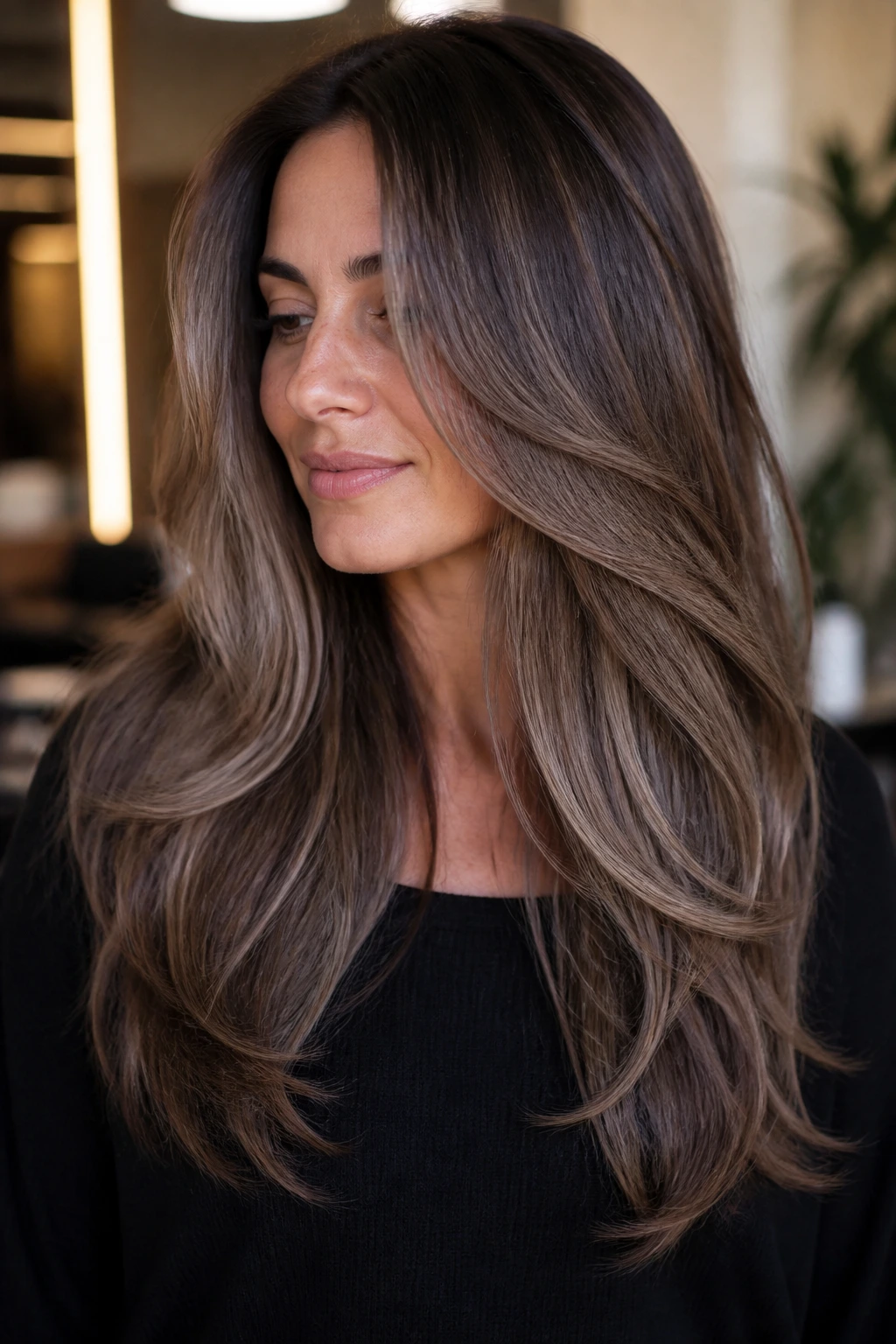 Real person displaying cool brunette lowlight variation with ash and mushroom tones