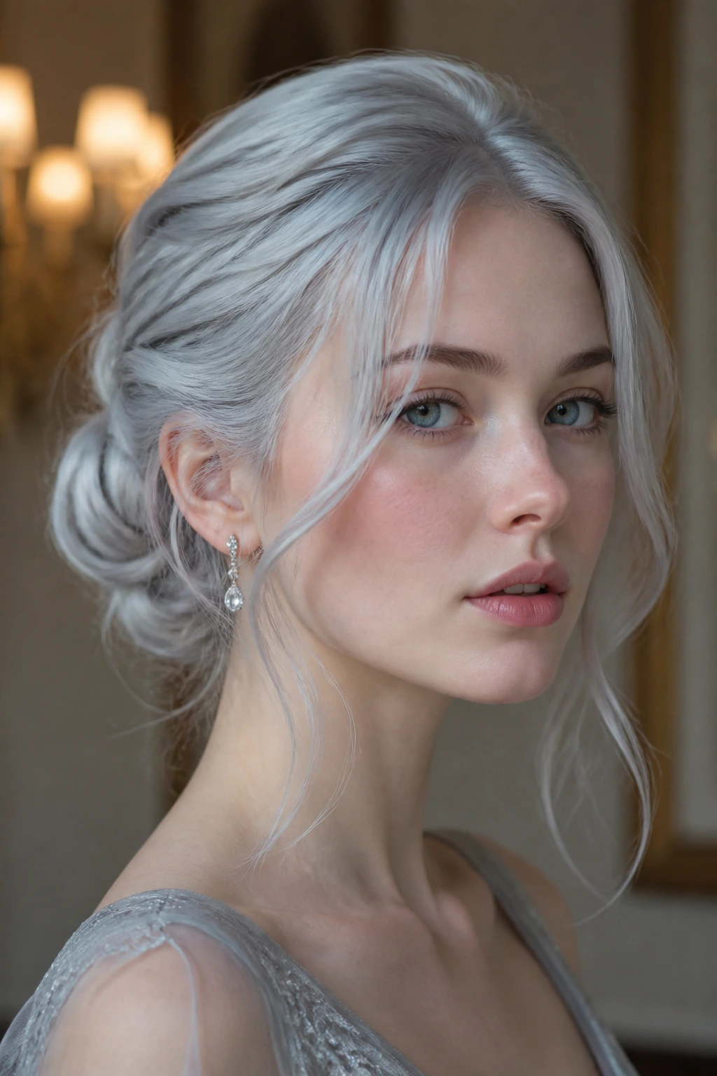 Portrait of a woman with a lunar silver updo and tendrils in soft ambient light.