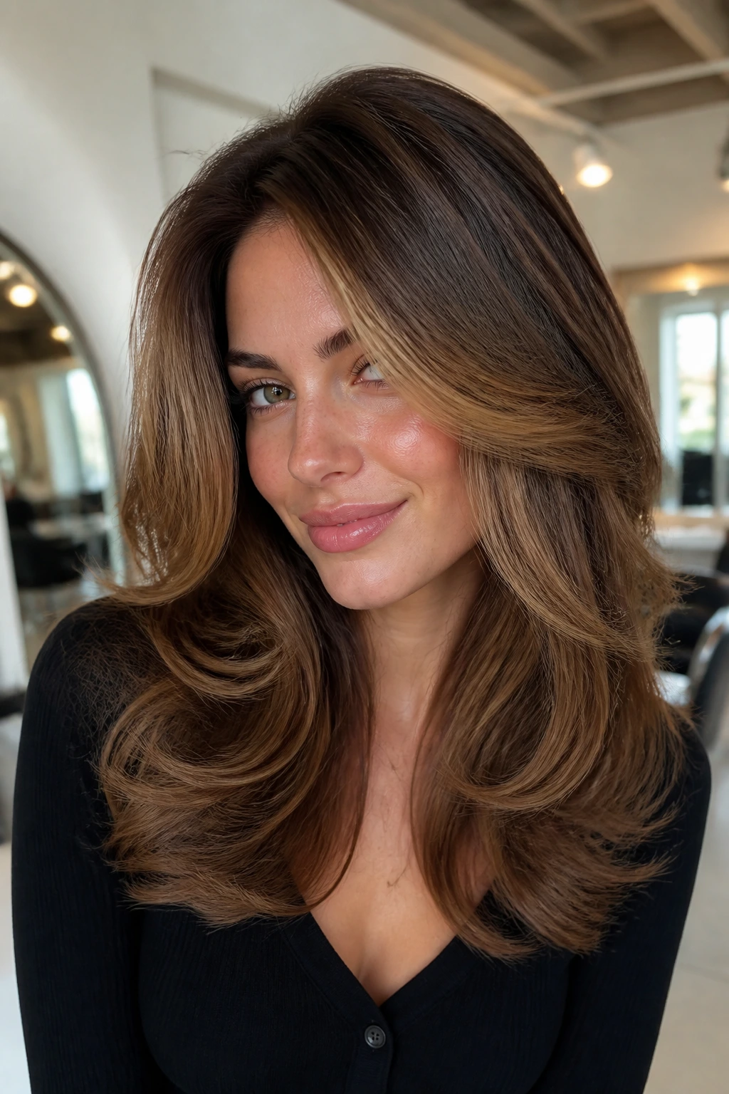 Portrait of thick hair with luxe blowout layers and caramel side panels framing the face