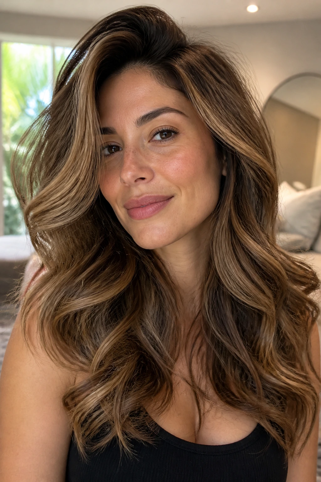 Close-up portrait of a woman with luxe blowout layers on wavy hair in natural window light