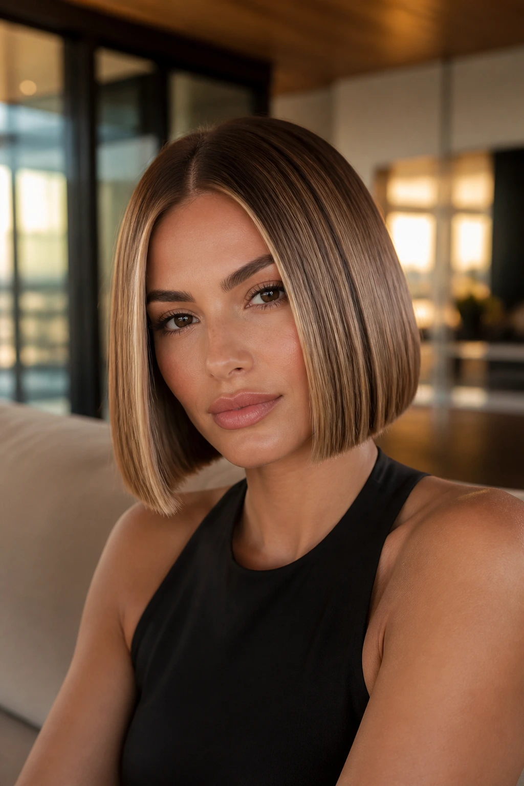 Real woman with luxe blunt bob and champagne ribbons highlights in warm interior light