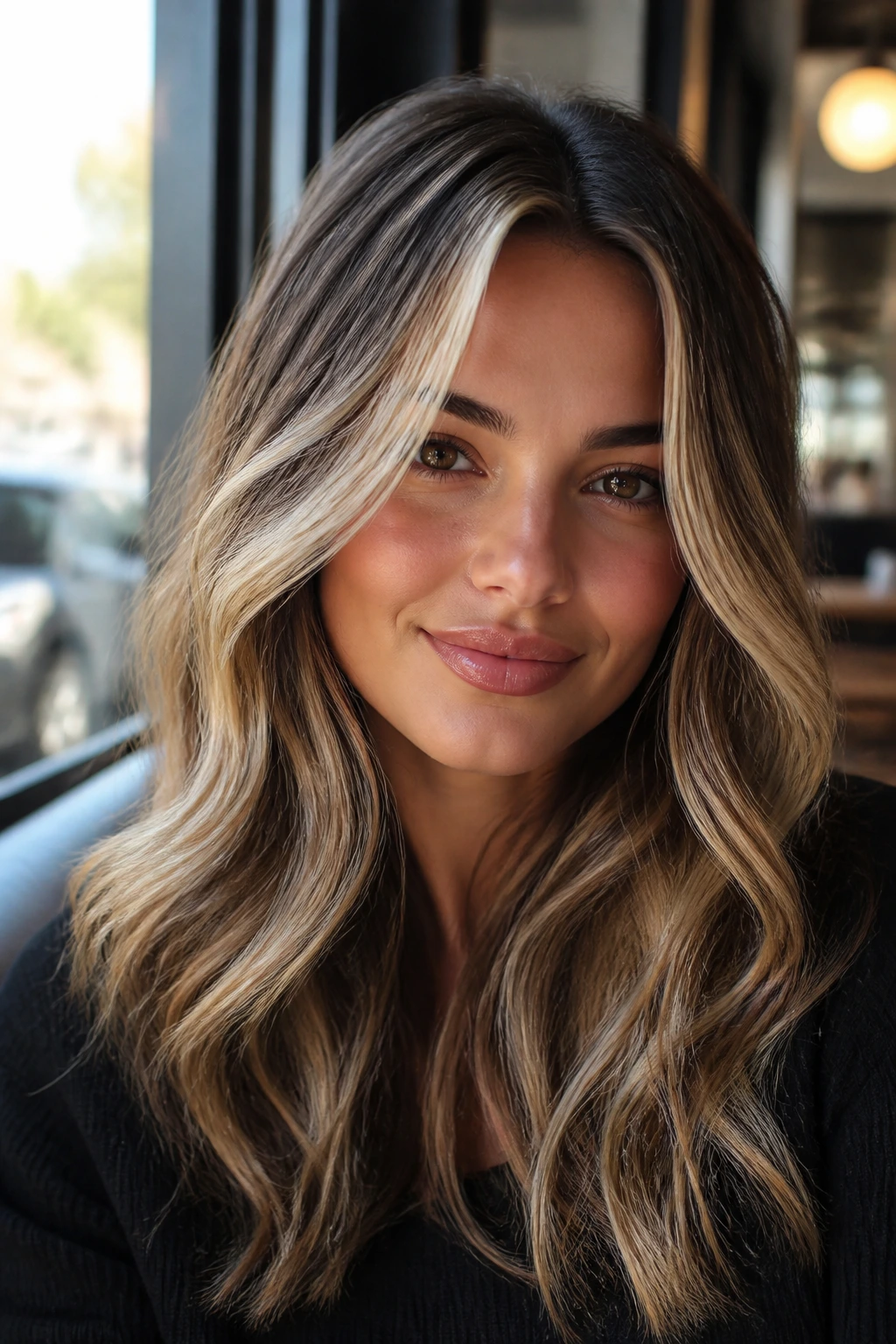 Close-up of a real woman with luxe brunette-blonde melt and money piece