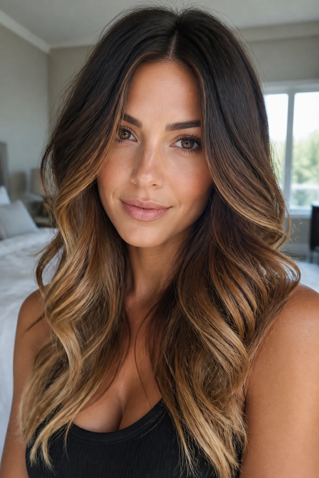 Brunette with luxe melt balayage from dark roots to light ends