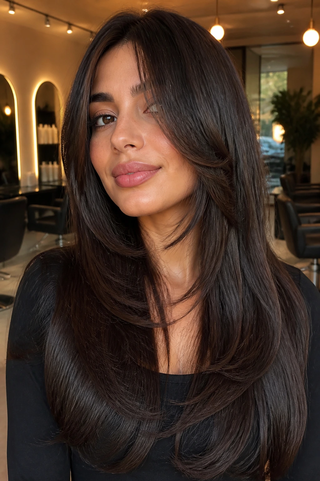 Real woman with luxe curl-honoring straight layers in a chic salon setting