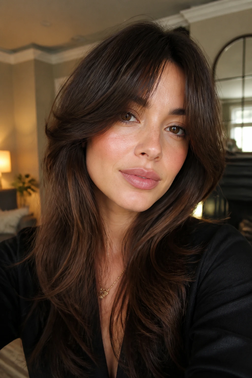 Close-up of a real woman with luxe curtain bangs and thick wings.