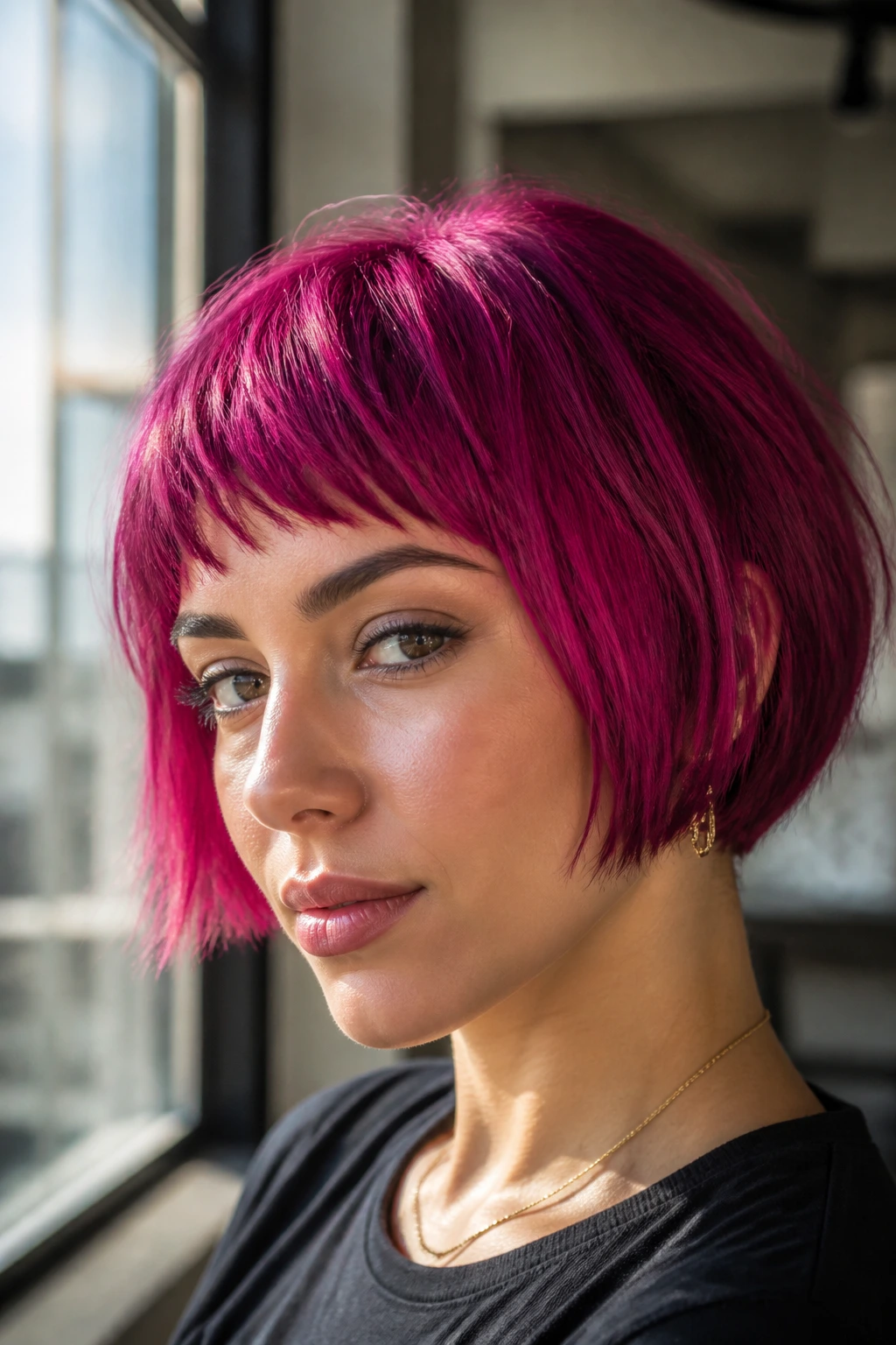 Close-up of Magenta Micro-Bob with Choppy Fringe on a real person with thick hair and bold color.