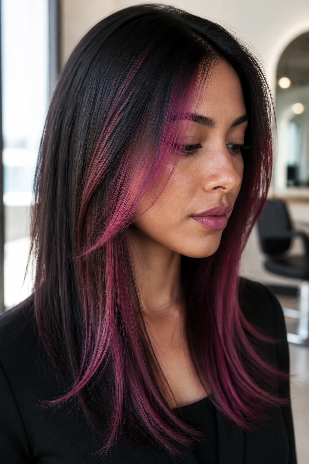 Close-up portrait of a real woman with soft magenta slices in fine hair on medium skin tone in a salon