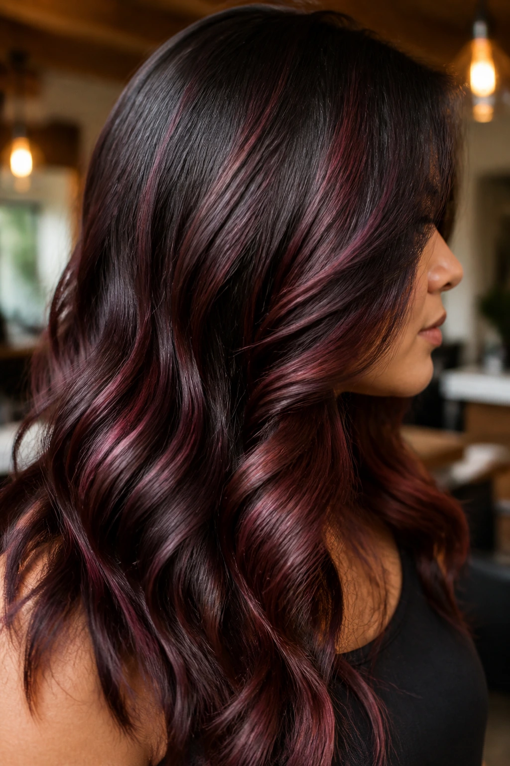 Close-up of mahogany balayage through mid-lengths