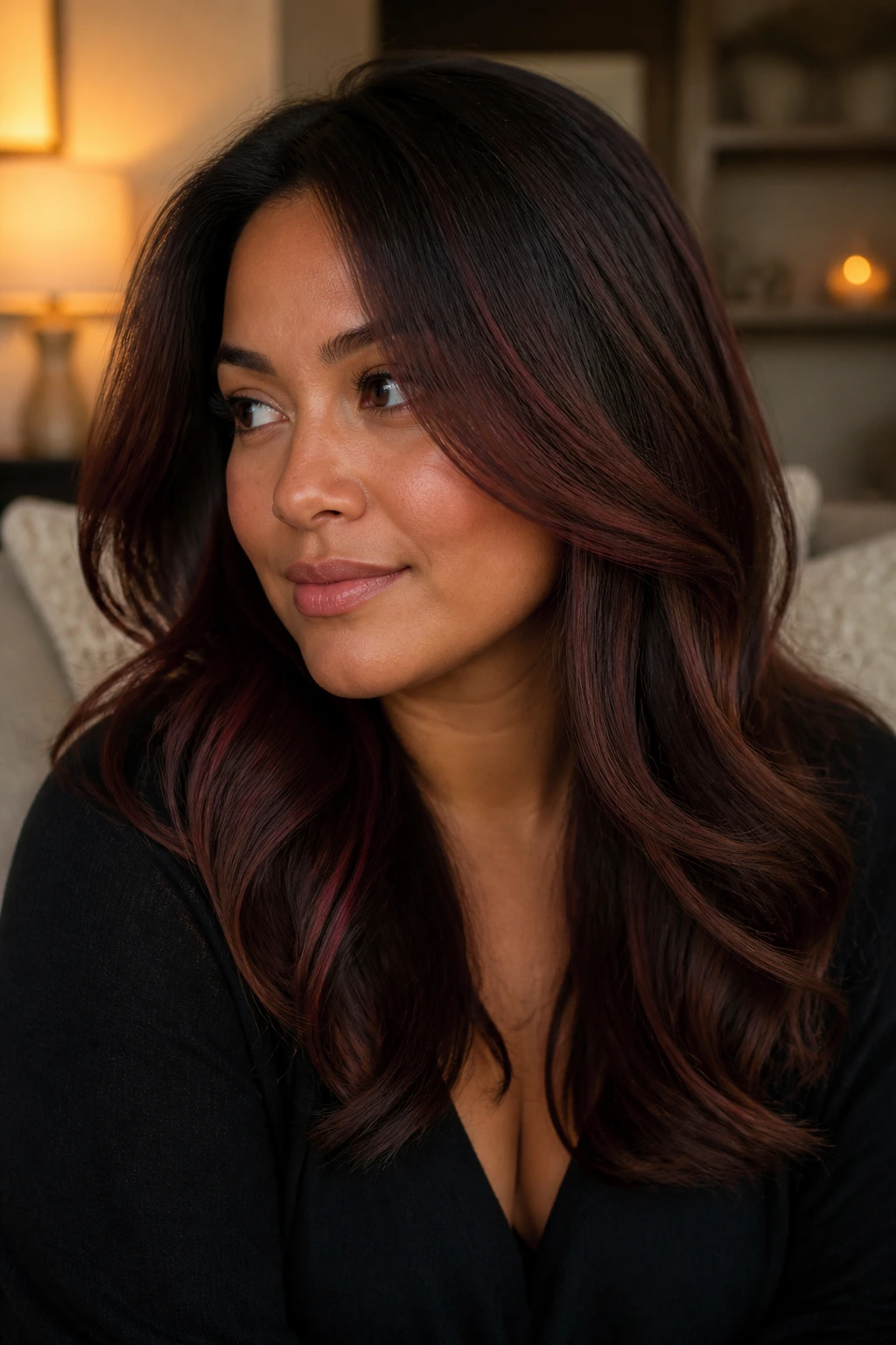 Close-up portrait of a real woman with mahogany balayage and a low face frame