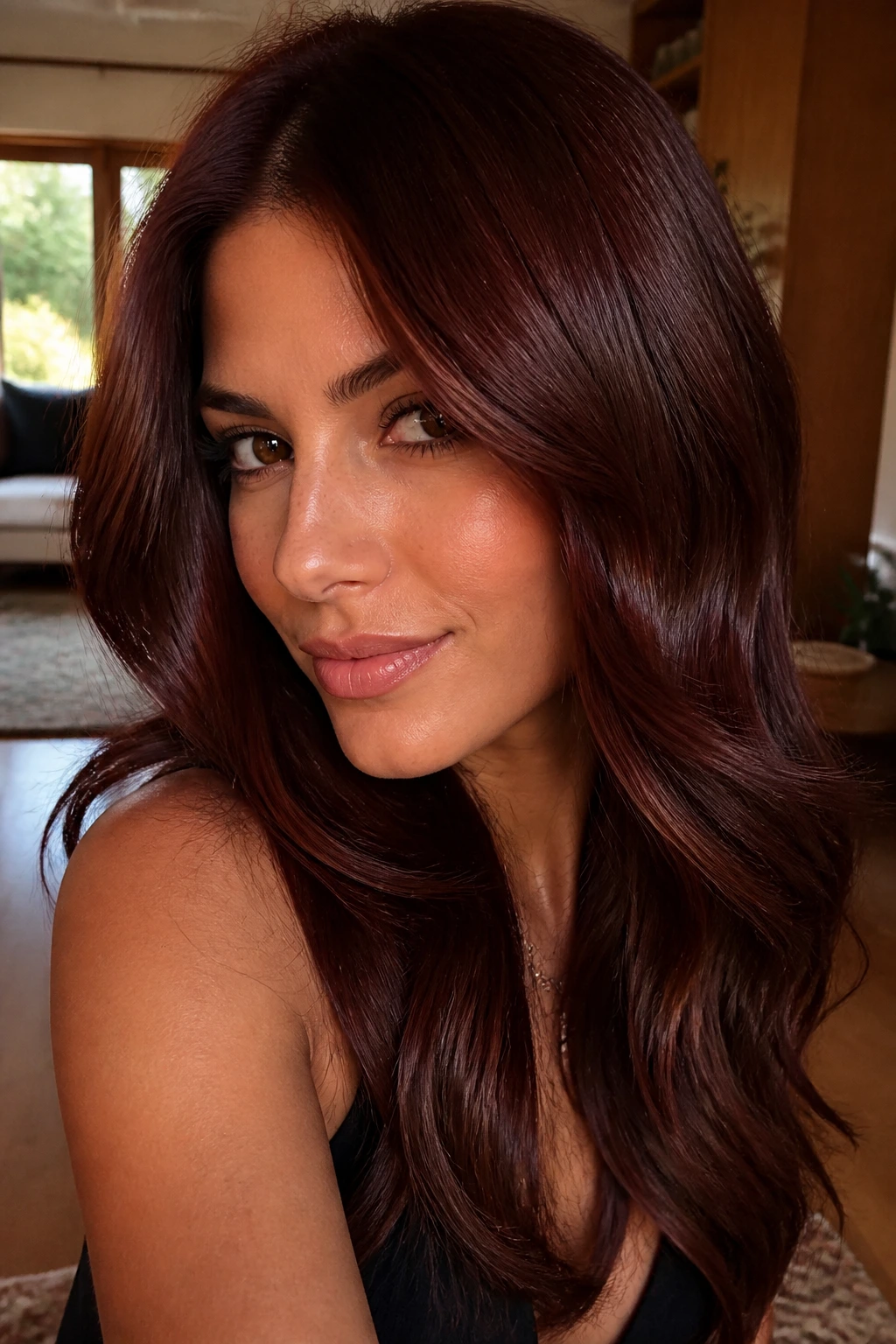 Close-up portrait of a woman with glossy mahogany brown hair in warm natural light