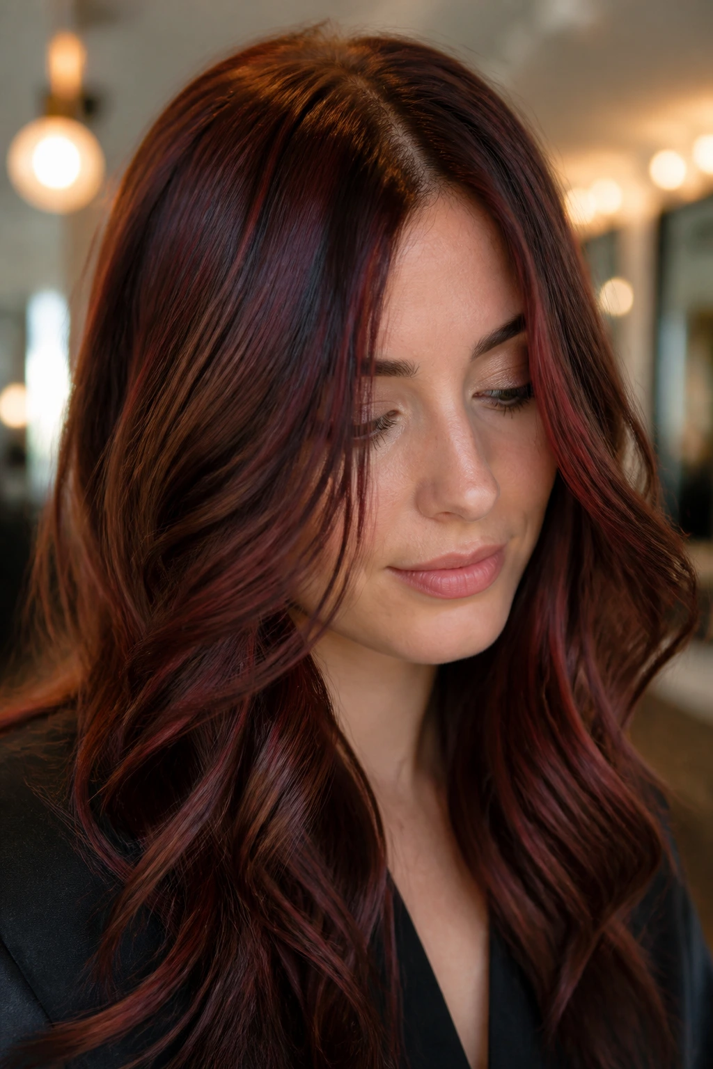 Close-up portrait of a woman with glossy mahogany brown hair framing the face