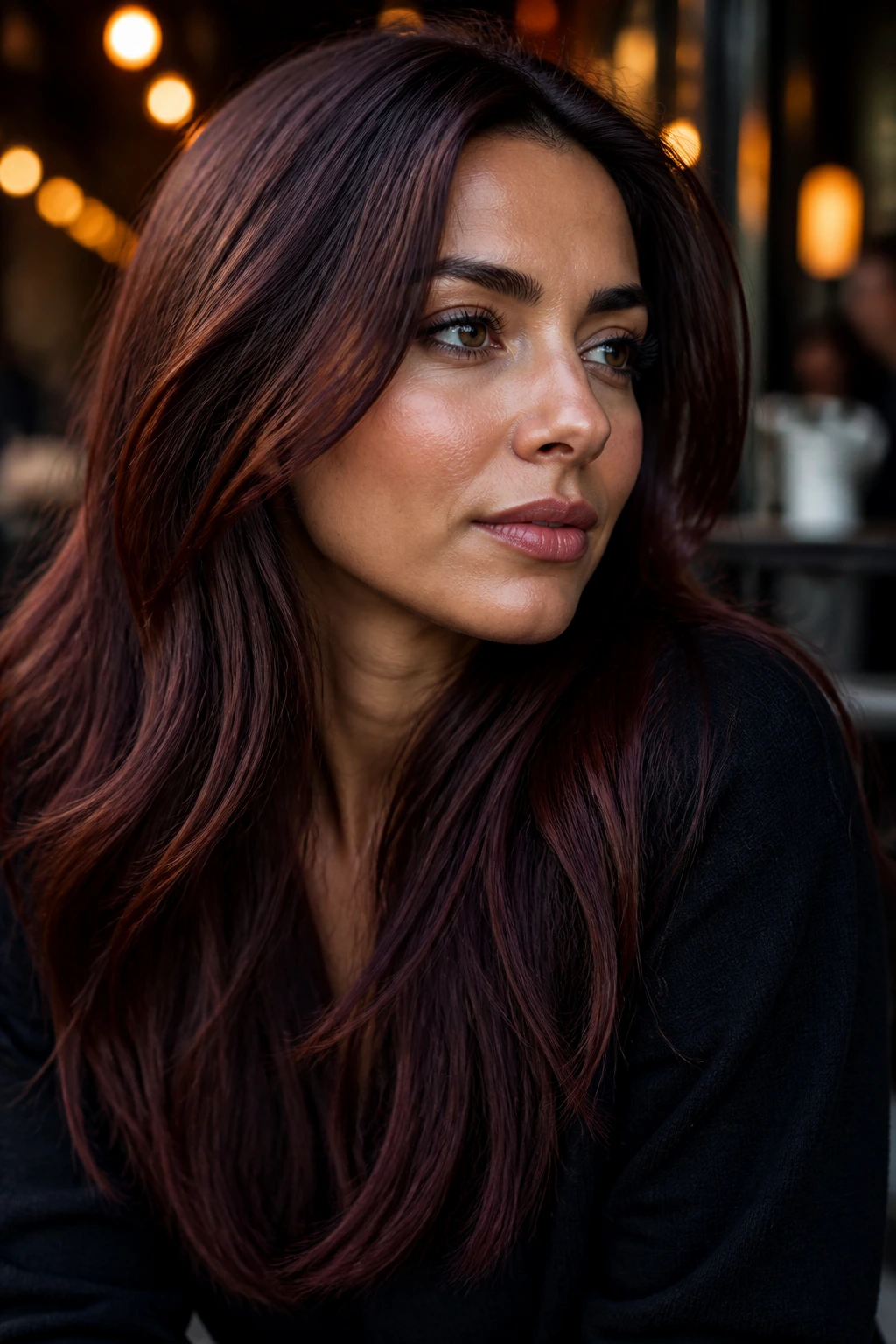 Close-up portrait of a woman with mahogany brunette hair and controlled red in warm light