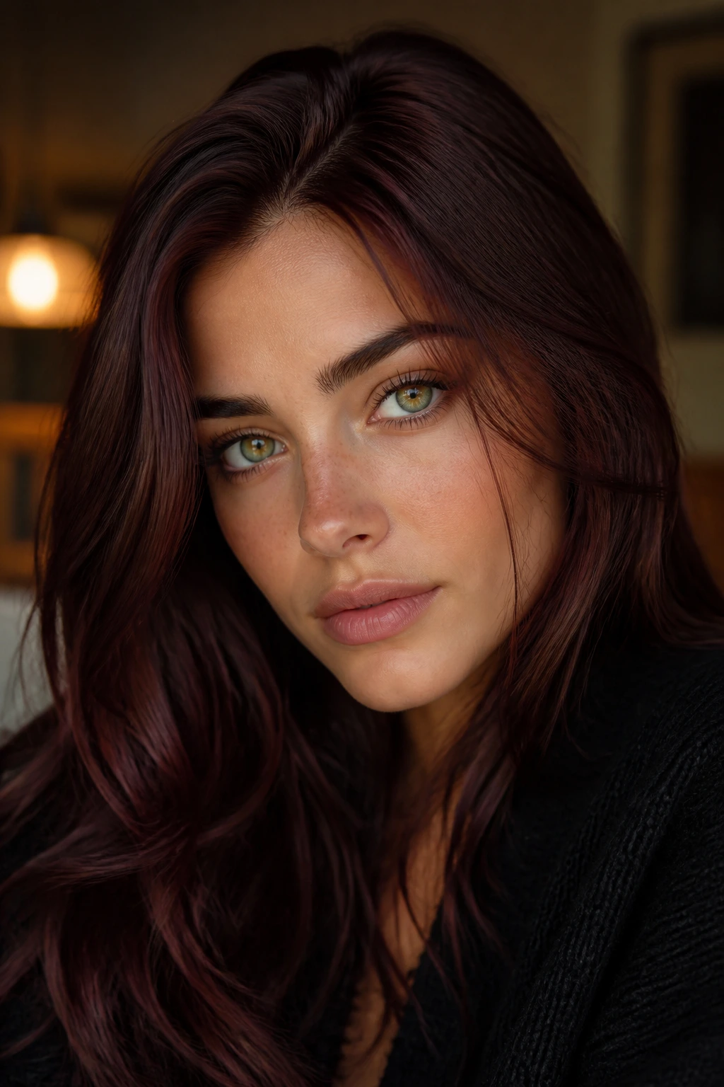 Close-up portrait of a real woman with mahogany brunette hair and violet glaze