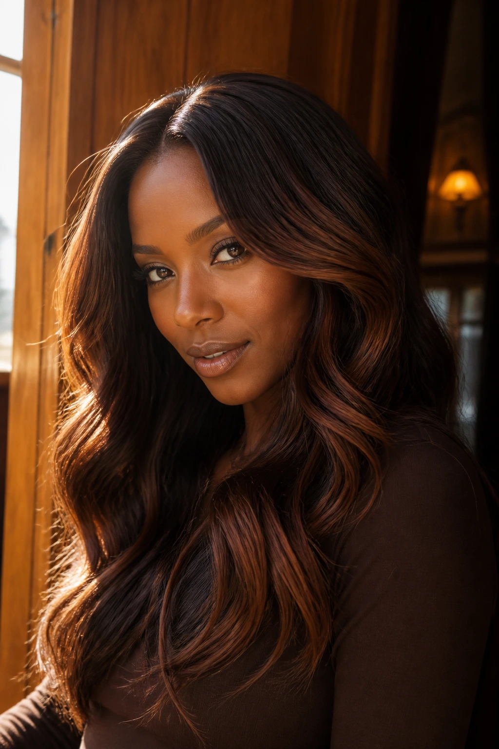 Portrait with mahogany base hair and caramel highlights on deep skin