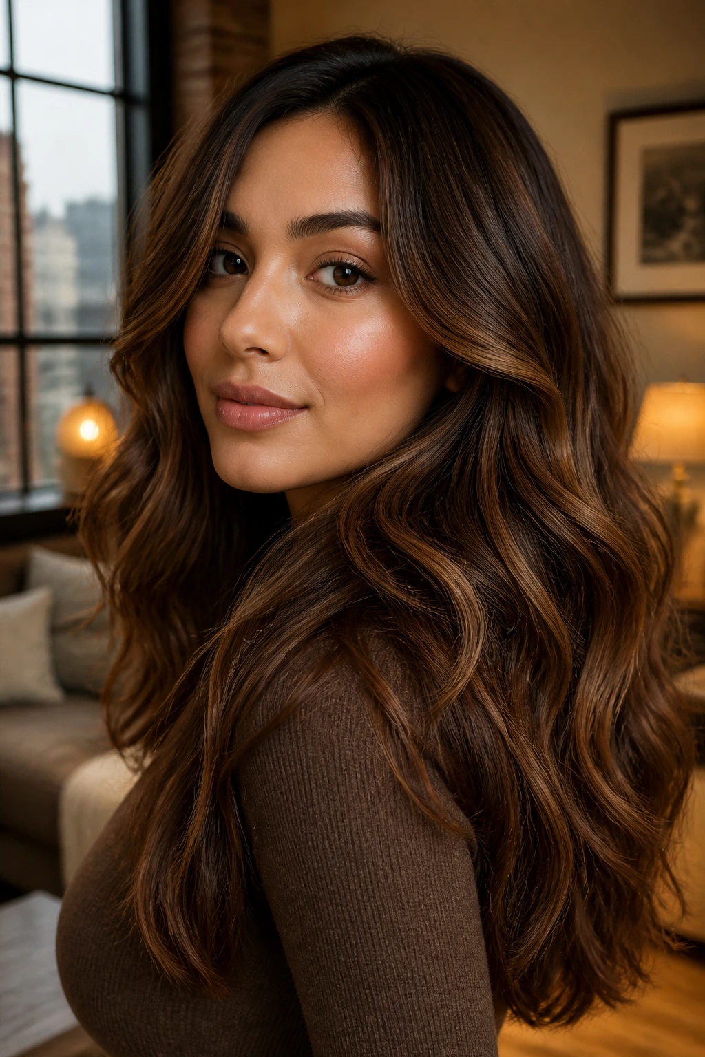 Dense hair with mahogany and caramel dimension showing depth.
