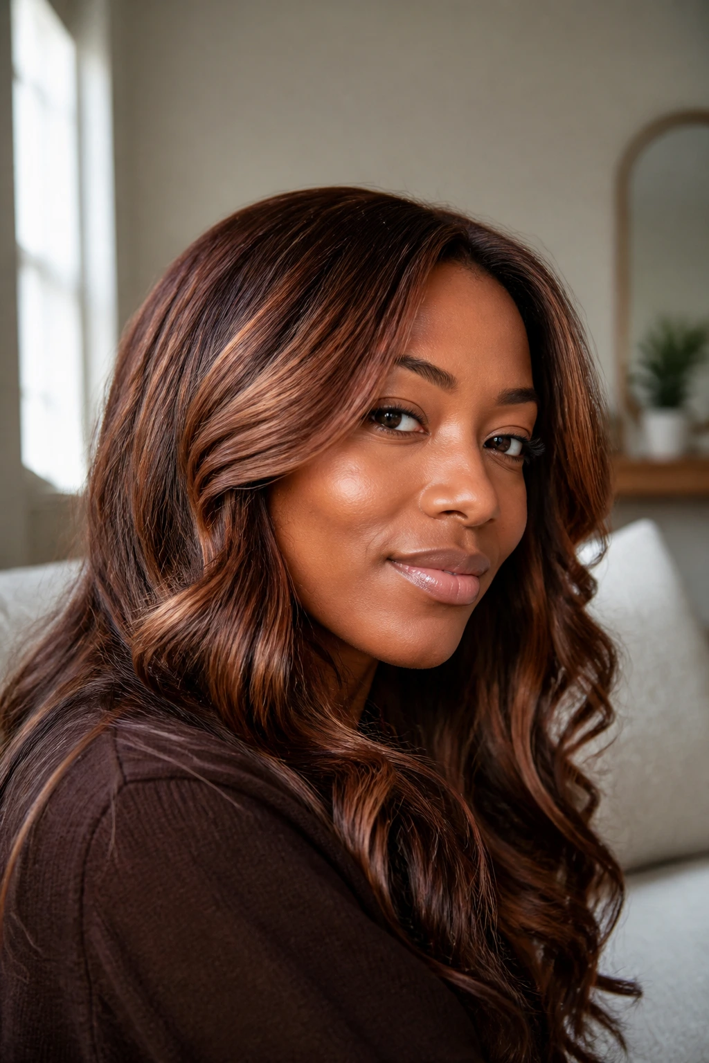 Close-up portrait of a real woman with warm mahogany hair and caramel glaze