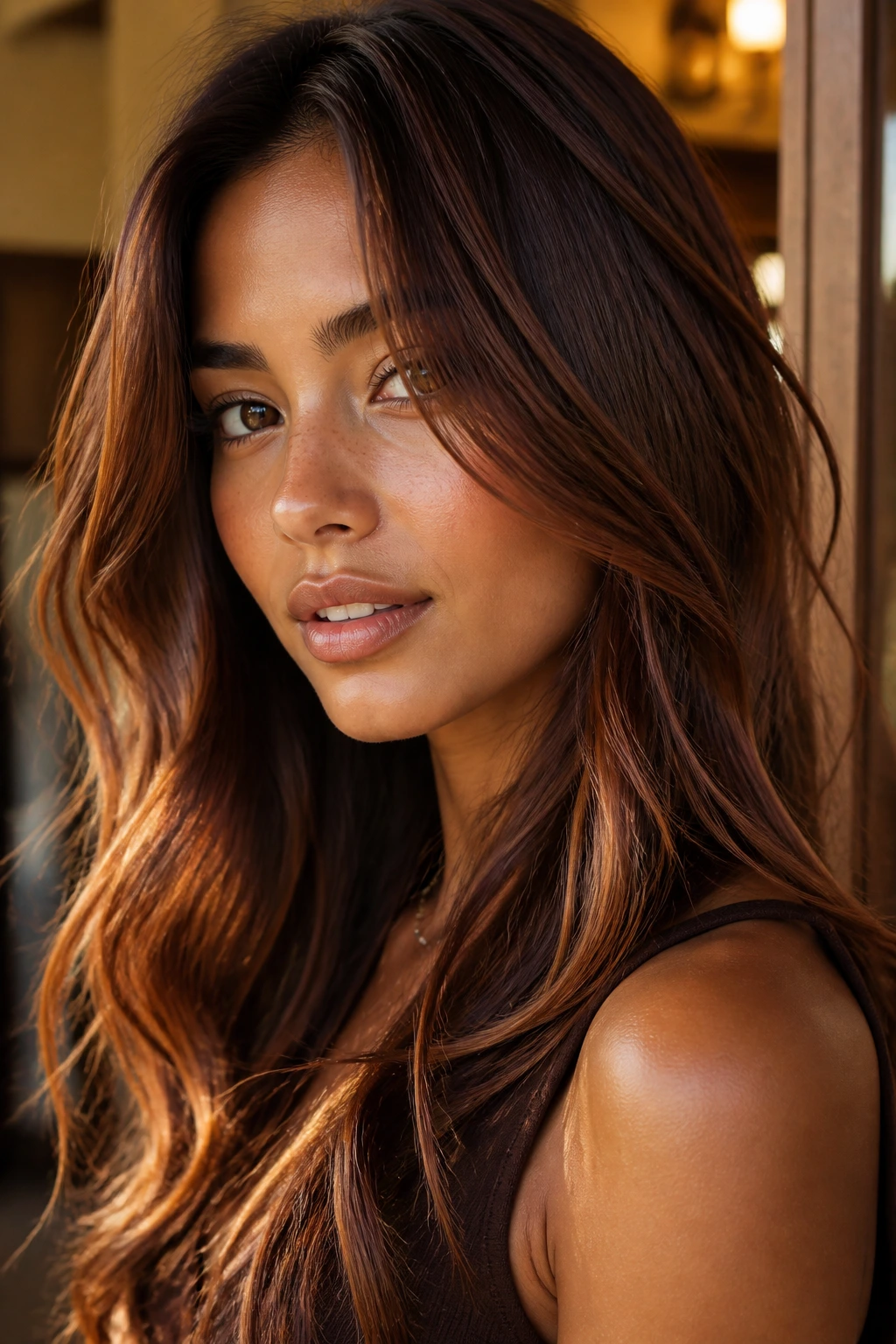 Portrait of a real woman with mahogany brown hair and caramel glow
