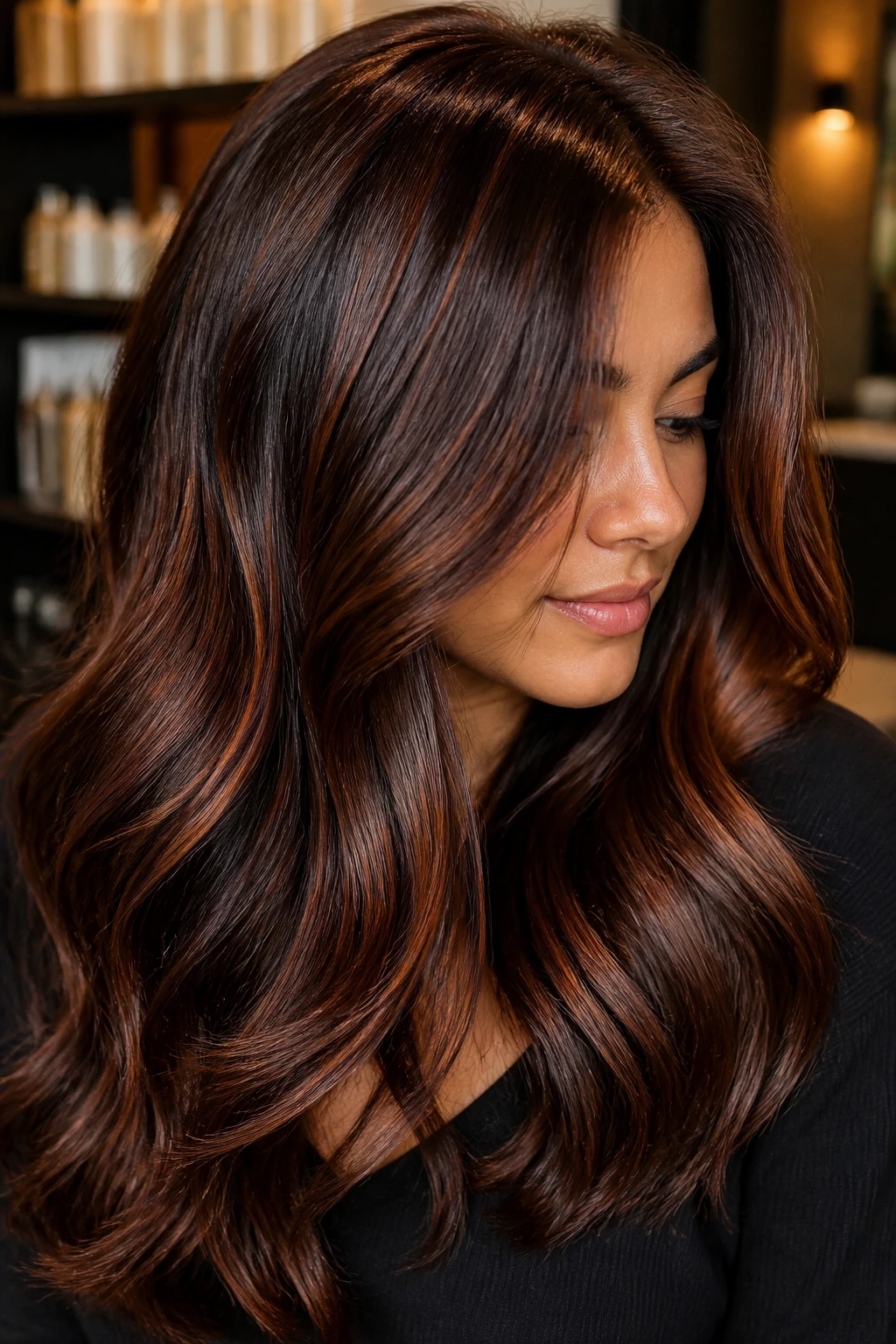 Close-up of mahogany brown hair with cinnamon glaze.