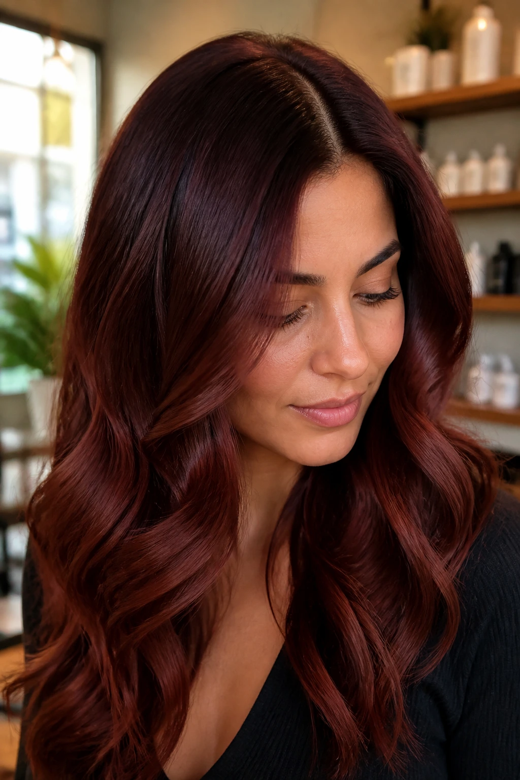 Close-up of a real woman with mahogany color melt against warm skin tones