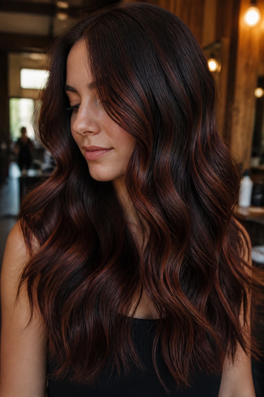 Close-up of a real woman's wavy hair showing smoky mahogany lowlights and copper veils.