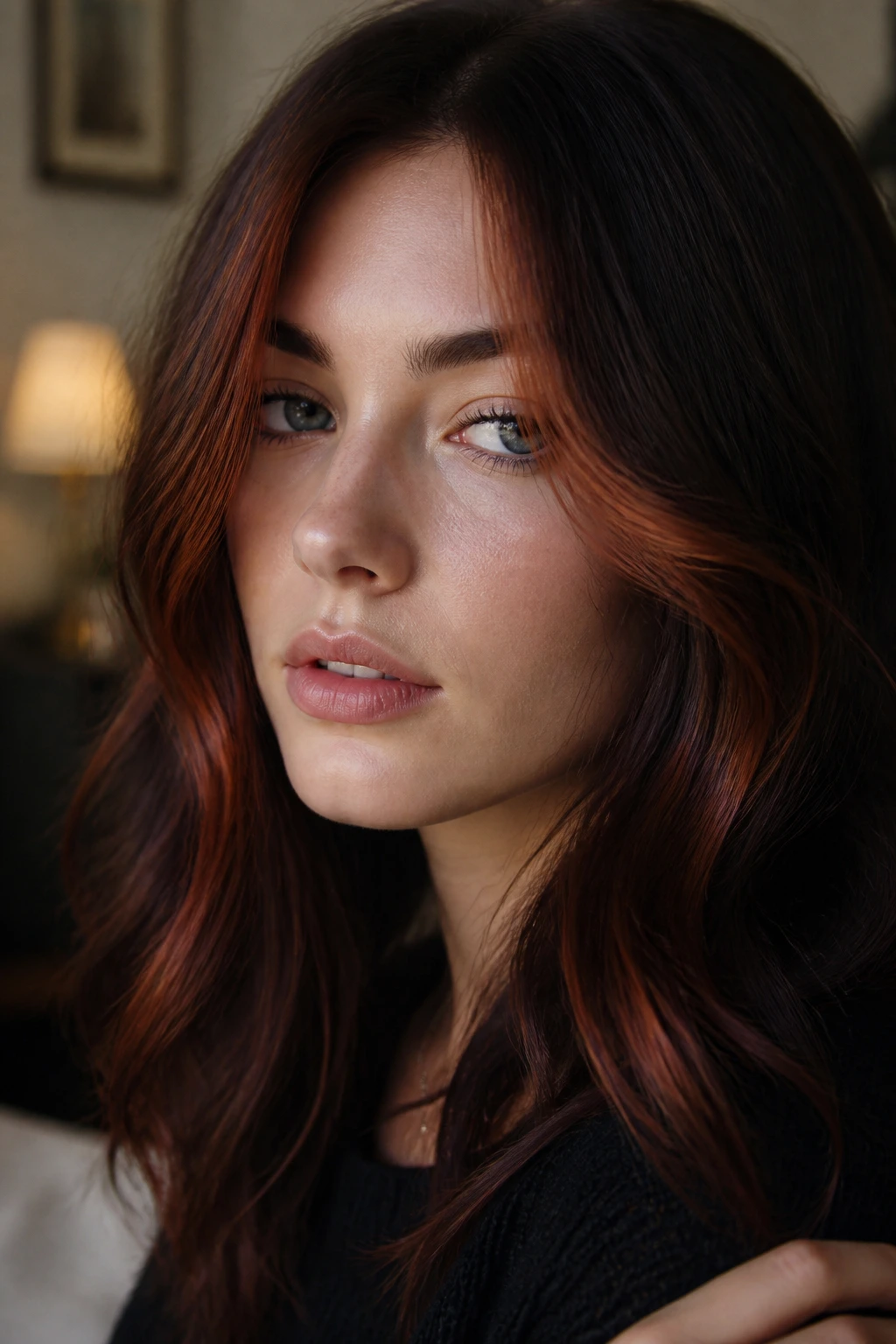 Close-up portrait with mahogany edge lights framing the face.