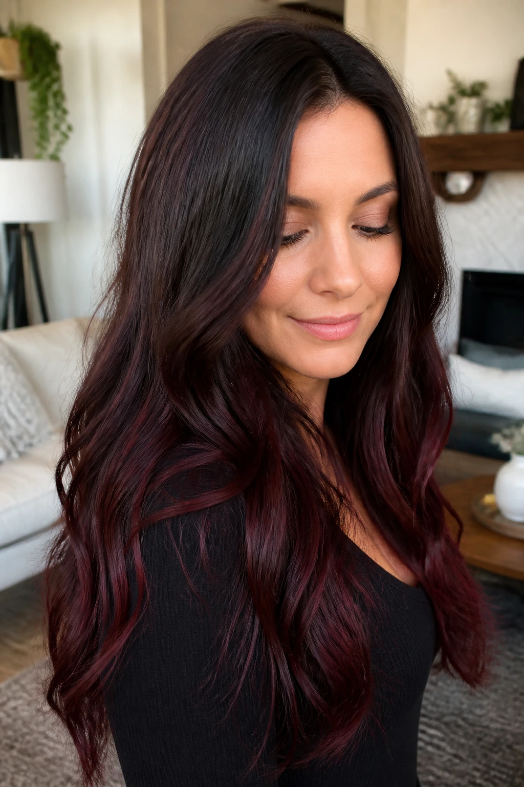 Close-up of a real woman with mahogany-ended brunette hair