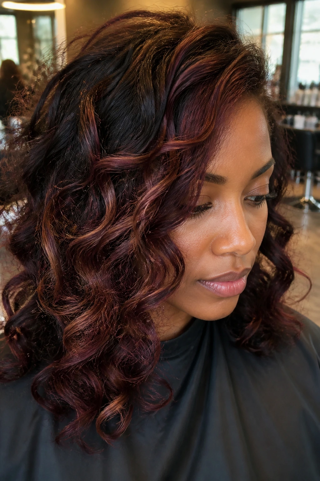Close-up of a real person with mahogany foilyage on loose curls in a salon-like setting