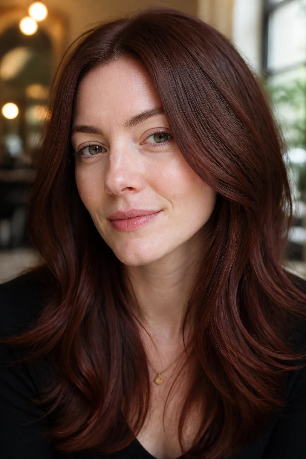 Close-up of a real person with a sheer mahogany glaze giving a soft red-brown shine.