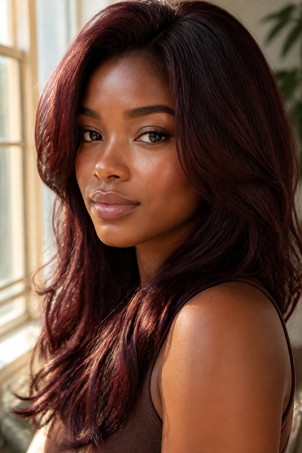 Close-up portrait of a real woman with mahogany gloss hair by a sunlit window