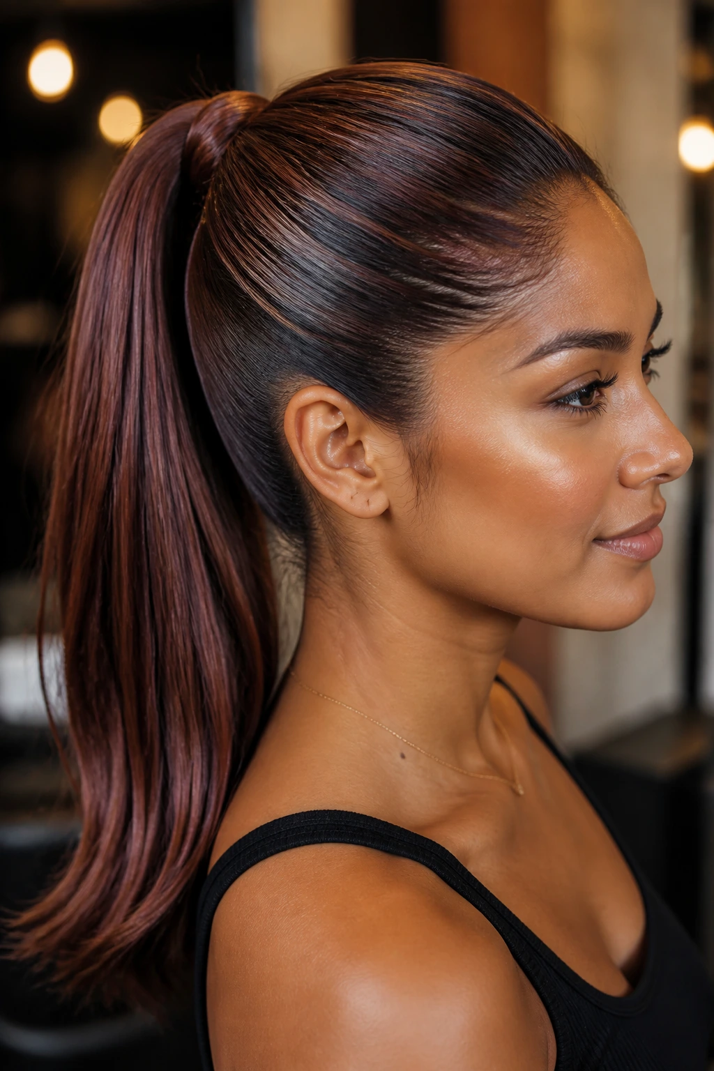 Close-up of a real woman with mahogany gloss ponytail on tan skin