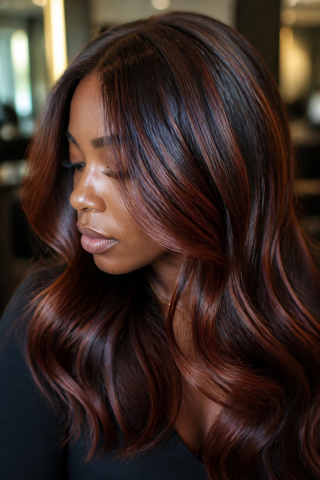 Portrait of brunette hair with mahogany ribbons and glossy shine