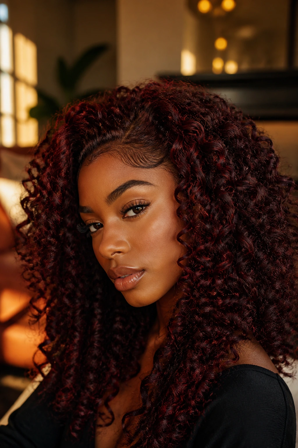 Close-up of a deep-skinned model with mahogany glow hair in wine-brown shade