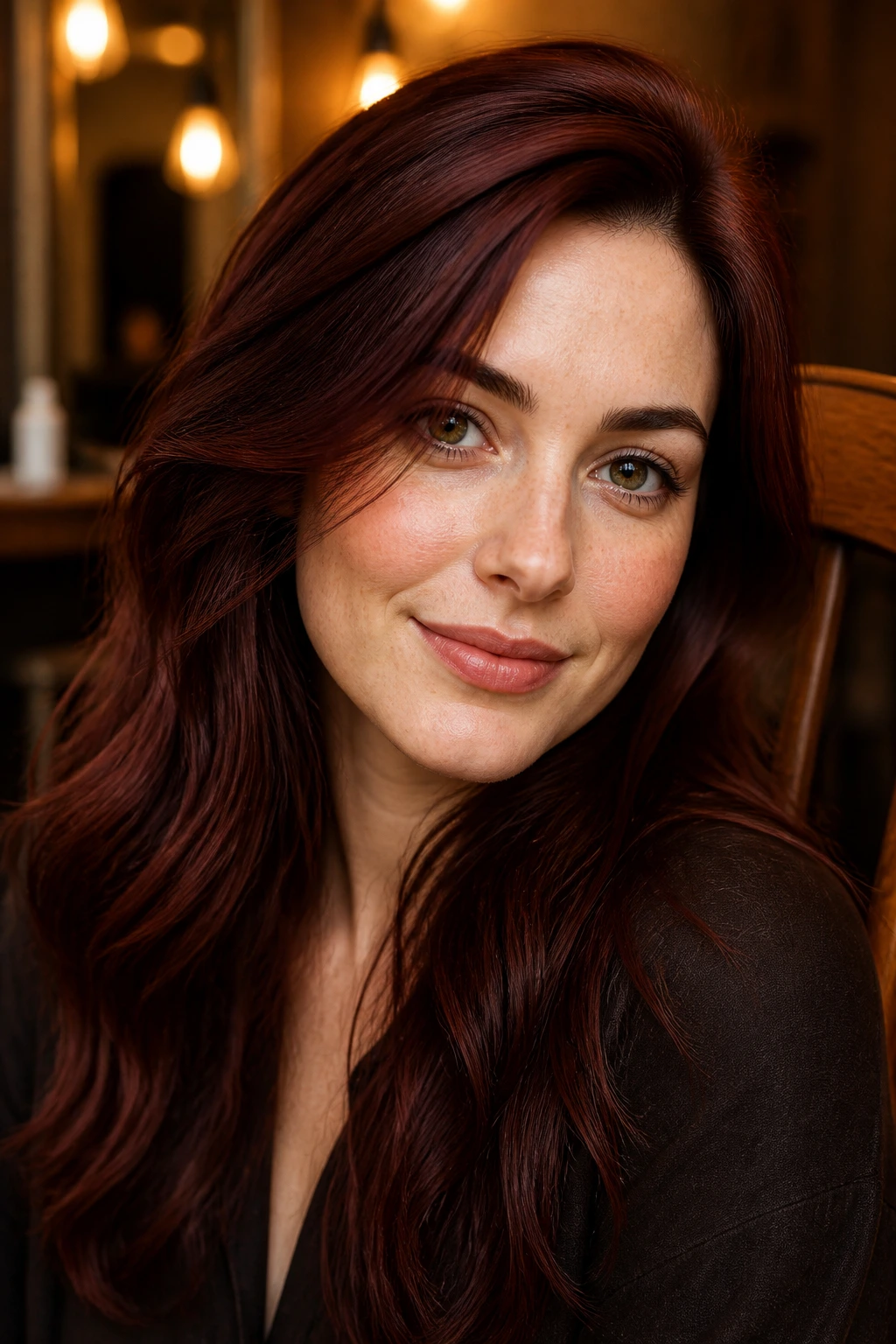 Close-up of a real woman with mahogany hair framing her face in warm salon lighting.