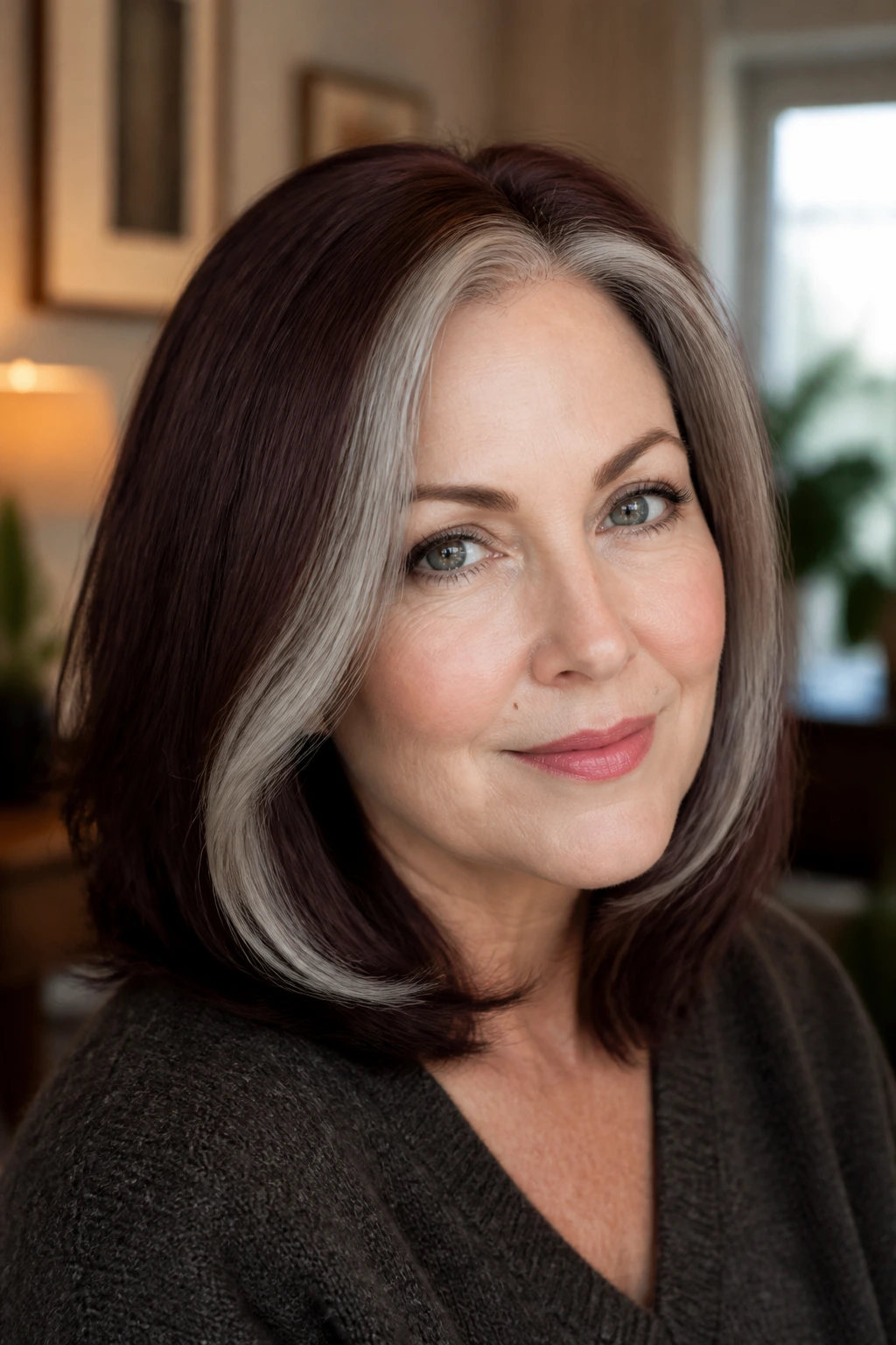 Close-up portrait of a real woman with deep mahogany hair and a cool-grey face frame
