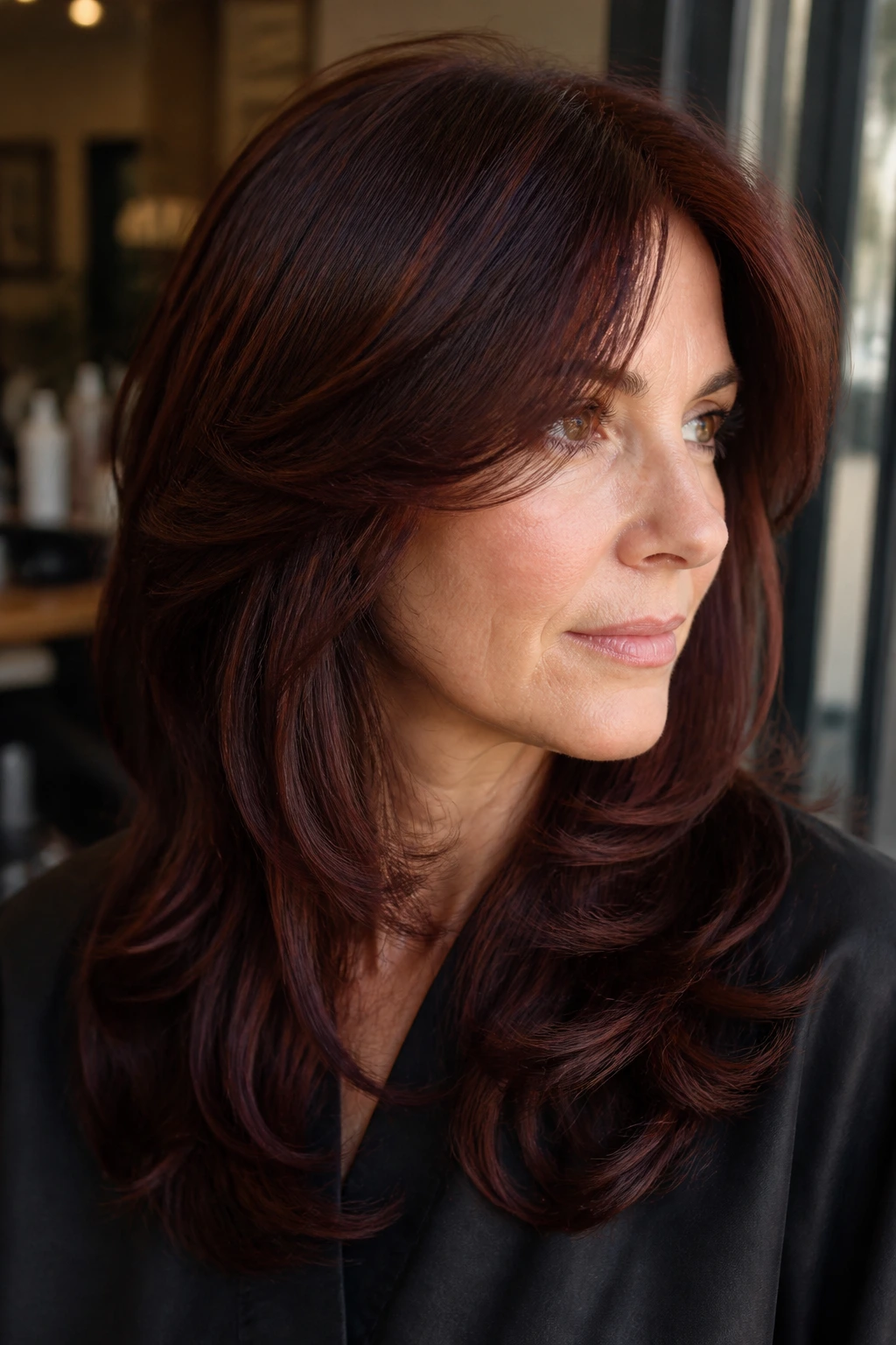 Close-up of a real woman with deep mahogany layered hair, warm velvet red-brown tones.