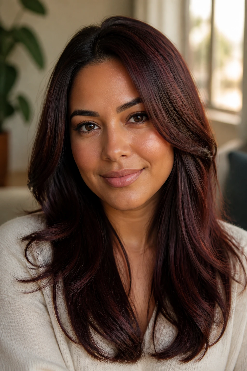 Close-up portrait of a real person with rich mahogany hair color and medium skin in warm window light