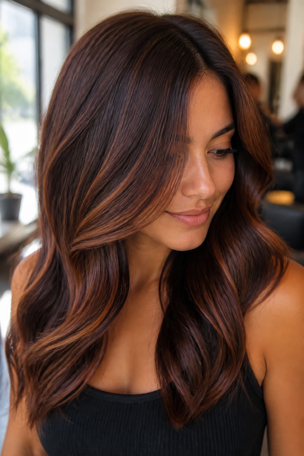 Close-up of a real woman with mahogany-dimension hair and warm highlights