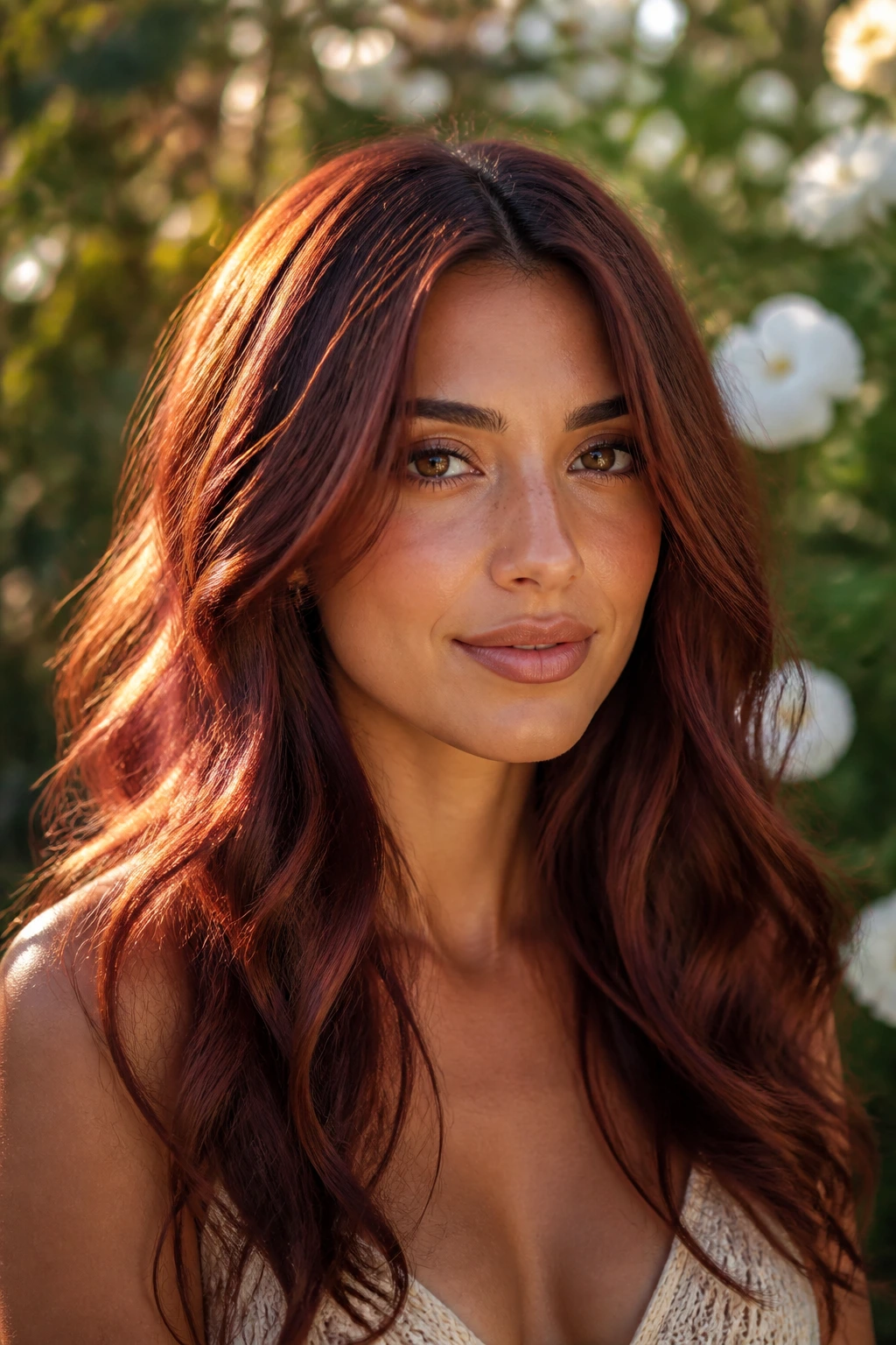 Close-up of a real woman with mahogany waves on olive skin in warm outdoor light